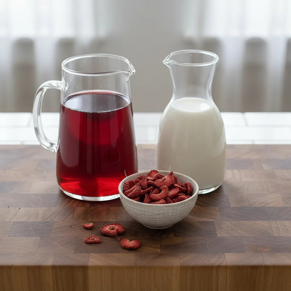 ingredients for diy pink drink arranged on wooden cutting board
