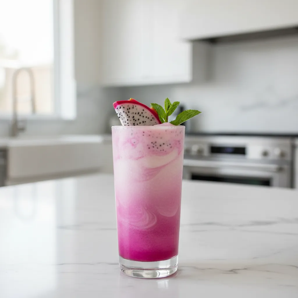 Creamy pastel pink non-alcoholic dragon fruit drink in a tall glass with a marble gradient effect on a stone countertop.