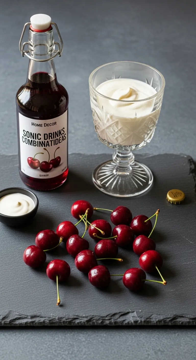 Flat lay of cherry syrup cream and cherries arranged on a slate countertop