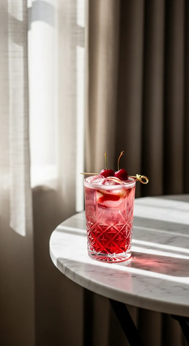 Pink Lady Sprite served in crystal glassware on a marble table with natural lighting