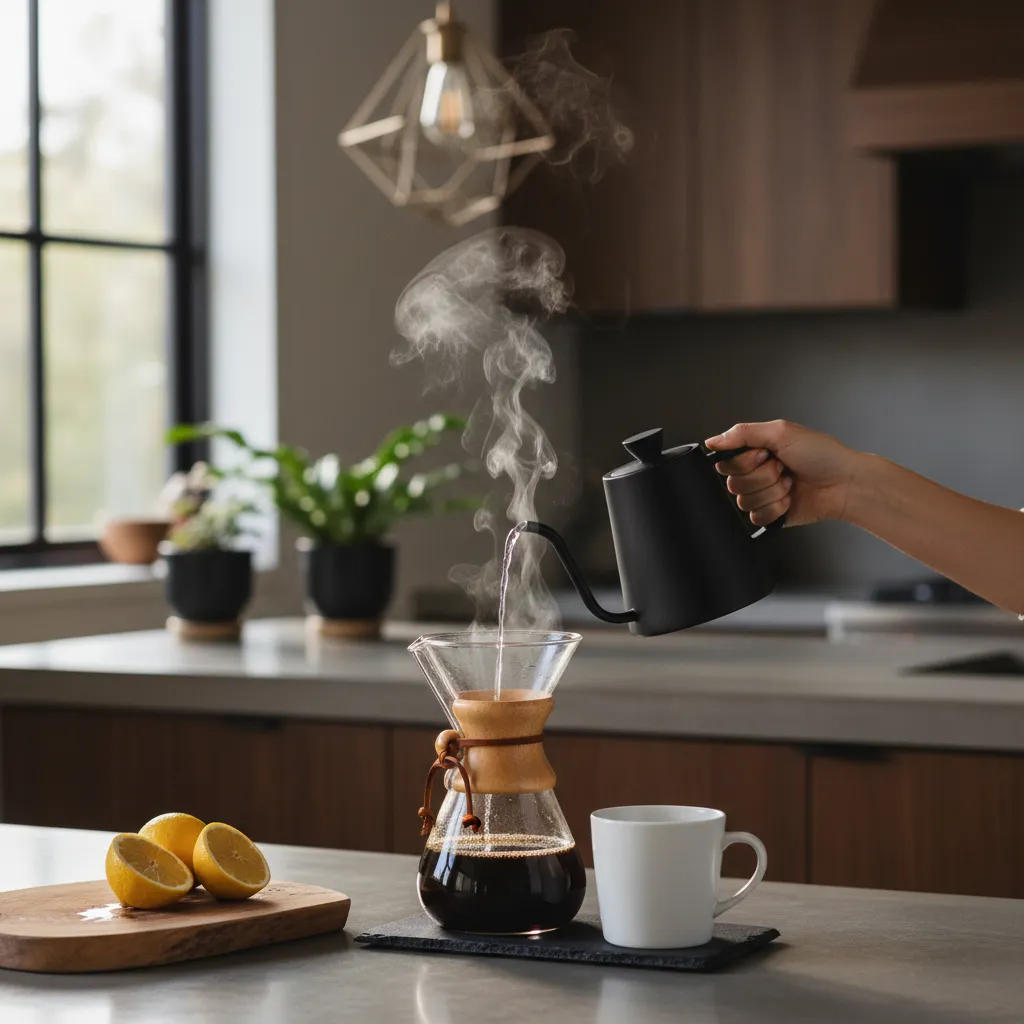 Matte black kettle pouring water into a glass coffee maker with lemon wedges nearby