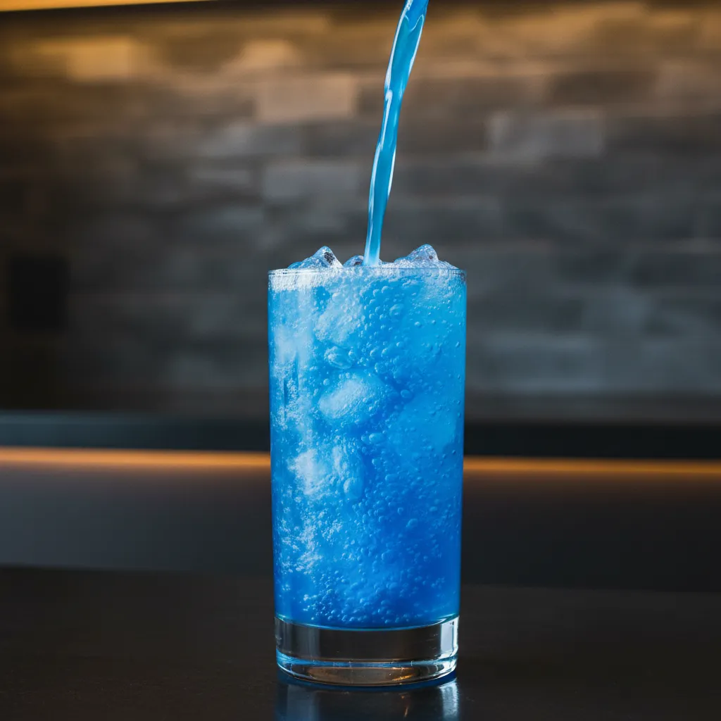 Close up of blue syrup being poured over pebble ice in a clear glass against a dark kitchen backsplash