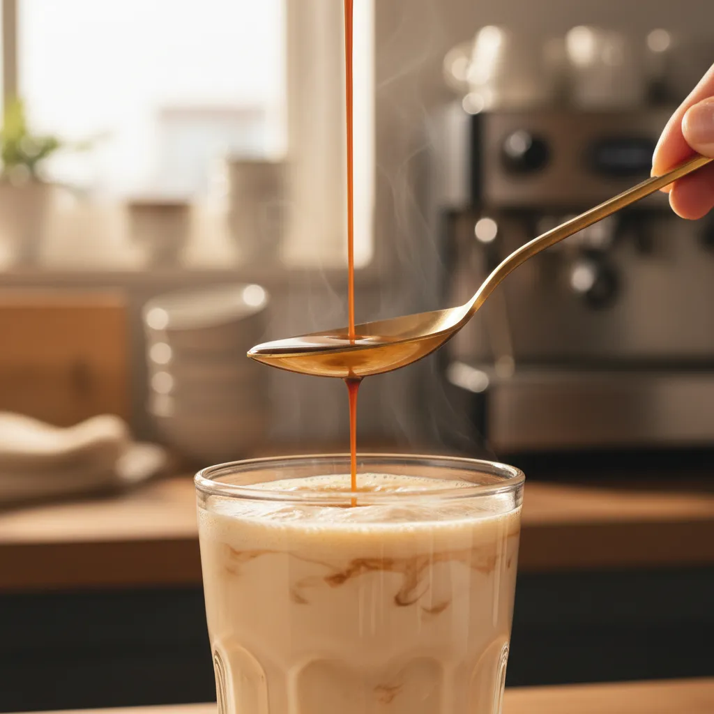 Pouring espresso over a spoon to create layers in a protein coffee drink
