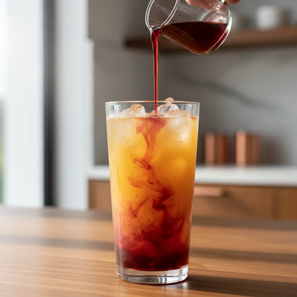 Close up of pouring cherry syrup into orange juice to create a layered sunrise drink effect