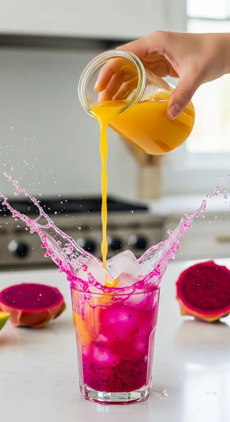 Action shot of pouring mango nectar into dragonfruit refresher
