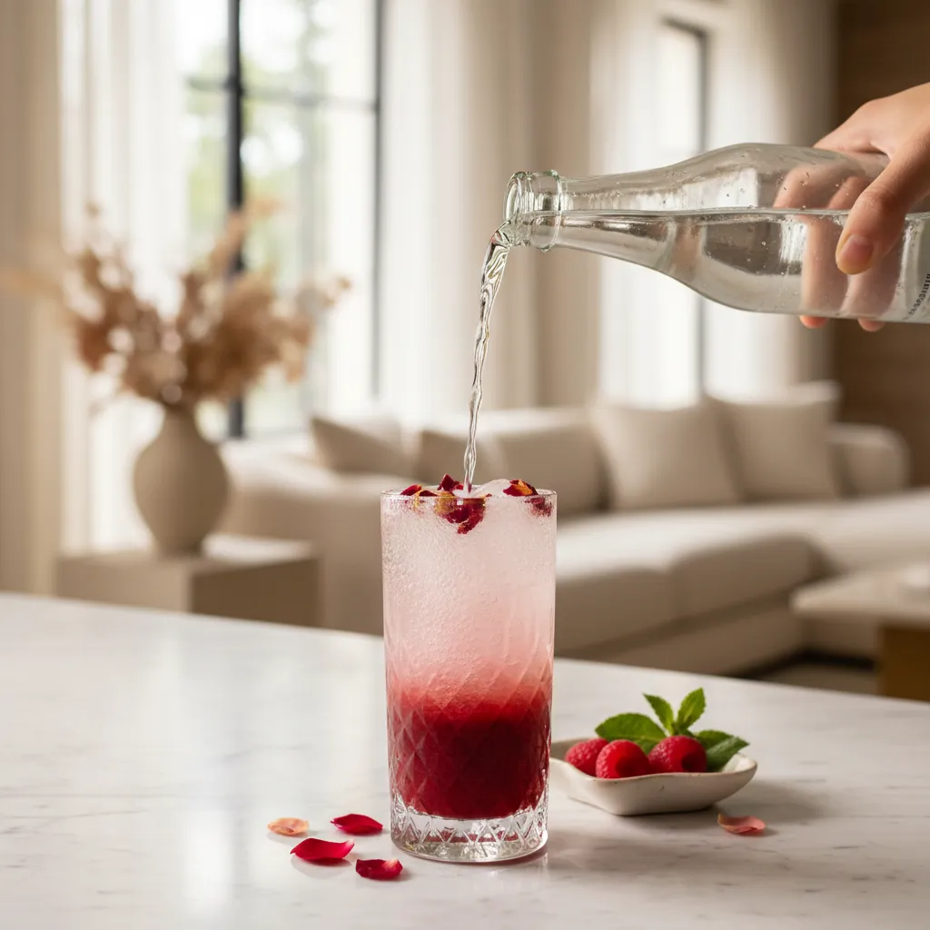 Pouring sparkling water into glass to create pink gradient drink