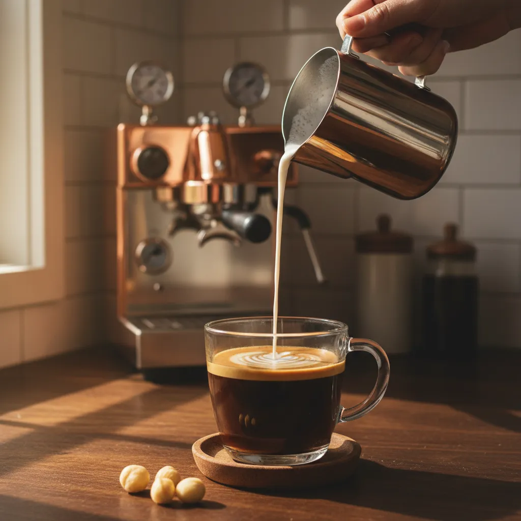 Steamed half and half pouring into dark espresso in a modern kitchen