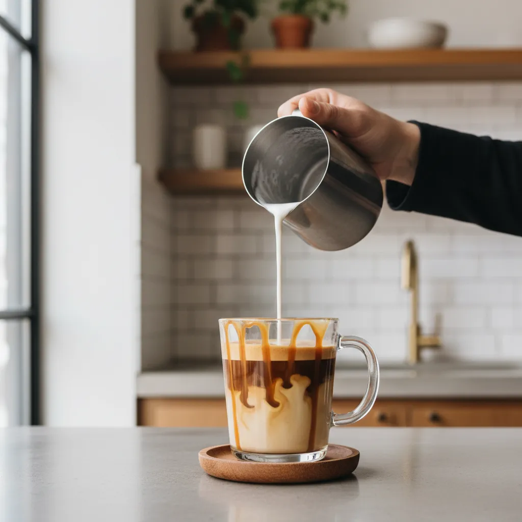 Pouring steamed half and half into espresso to make a breve