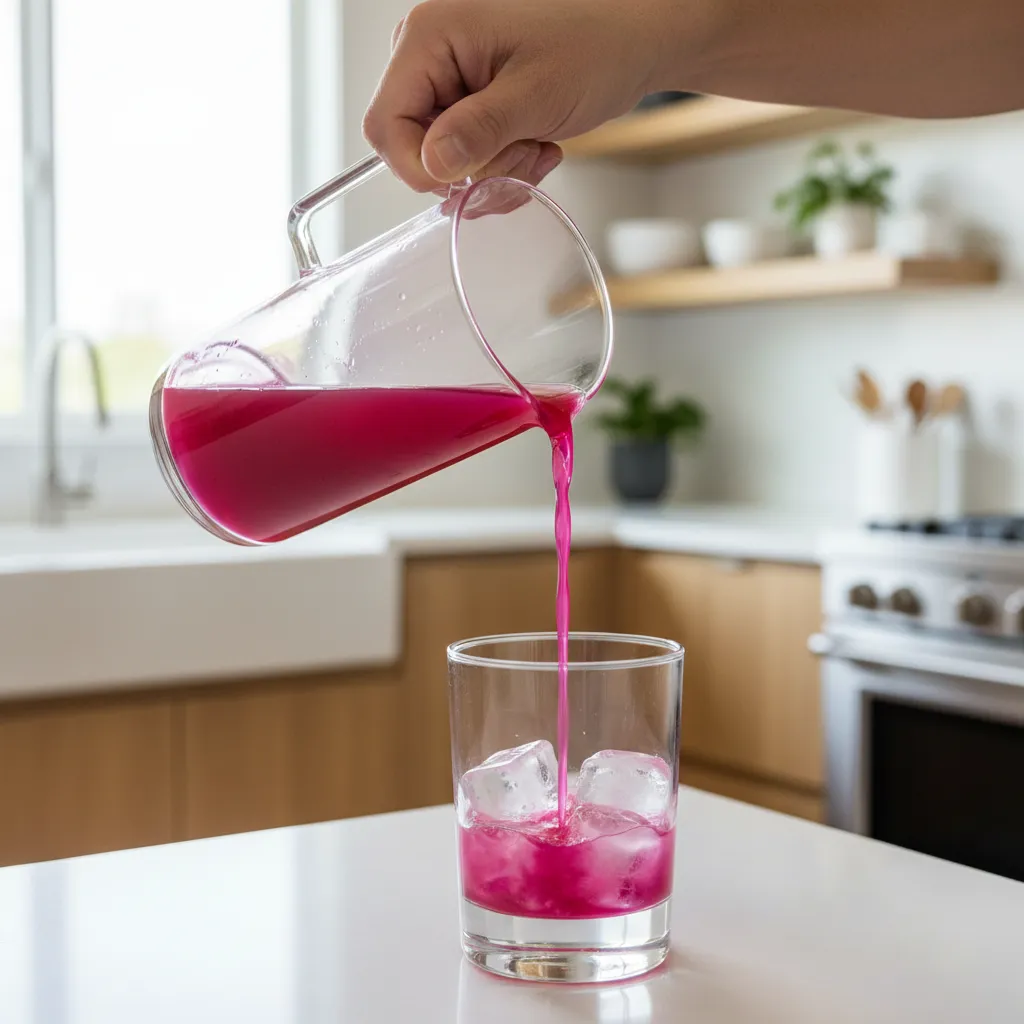 Neon pink prickly pear syrup pouring into ice filled glass
