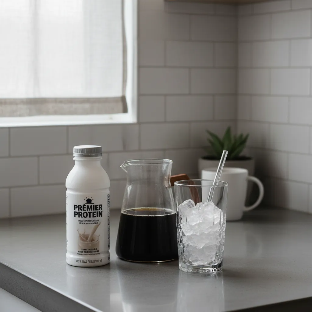 Premier Protein bottle and espresso carafe arranged on a quartz kitchen counter