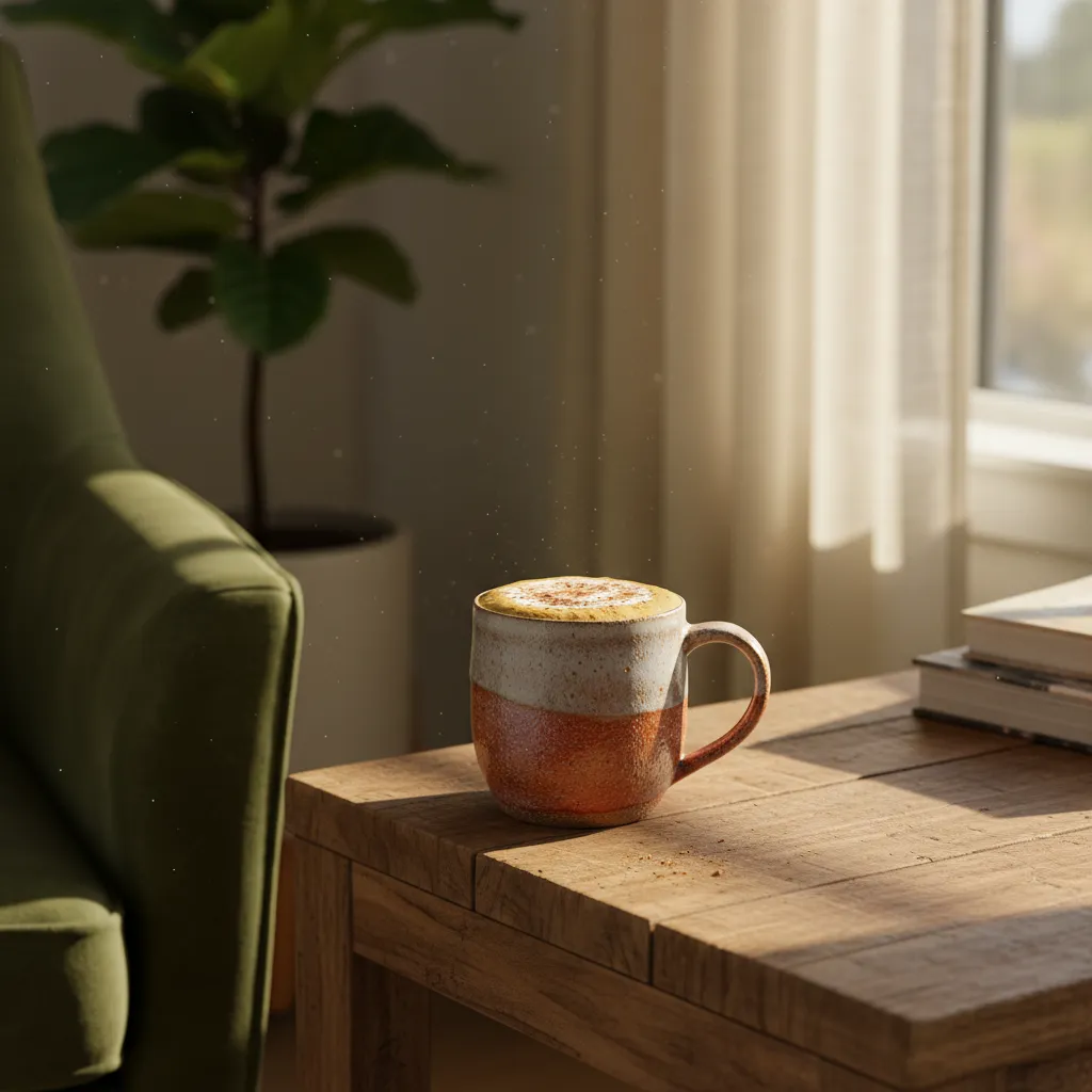 Textured ceramic mug with pumpkin spice latte on a wooden side table near a velvet armchair with soft window lighting