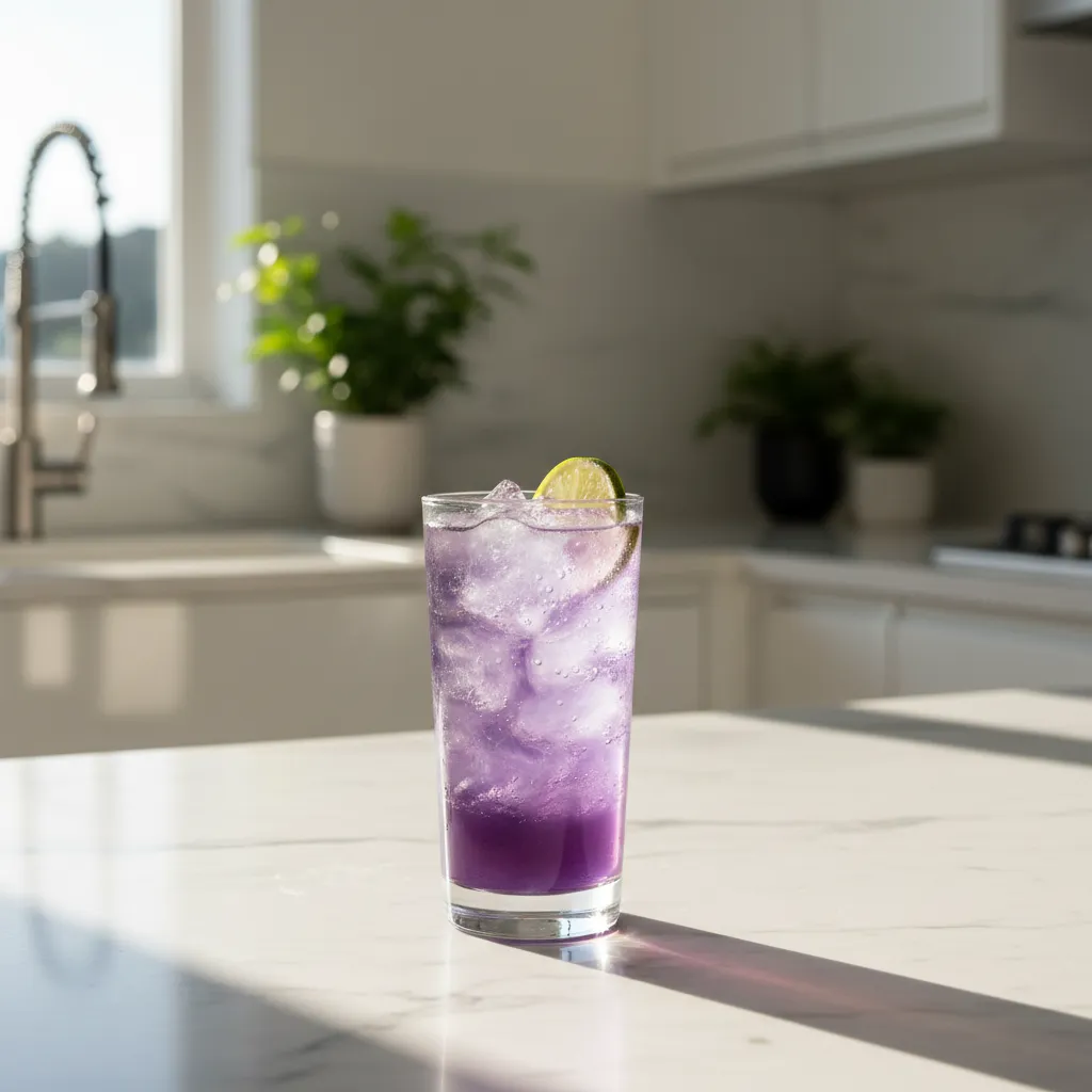 Crystal highball glass with purple Sprite drink and crushed ice on marble counter