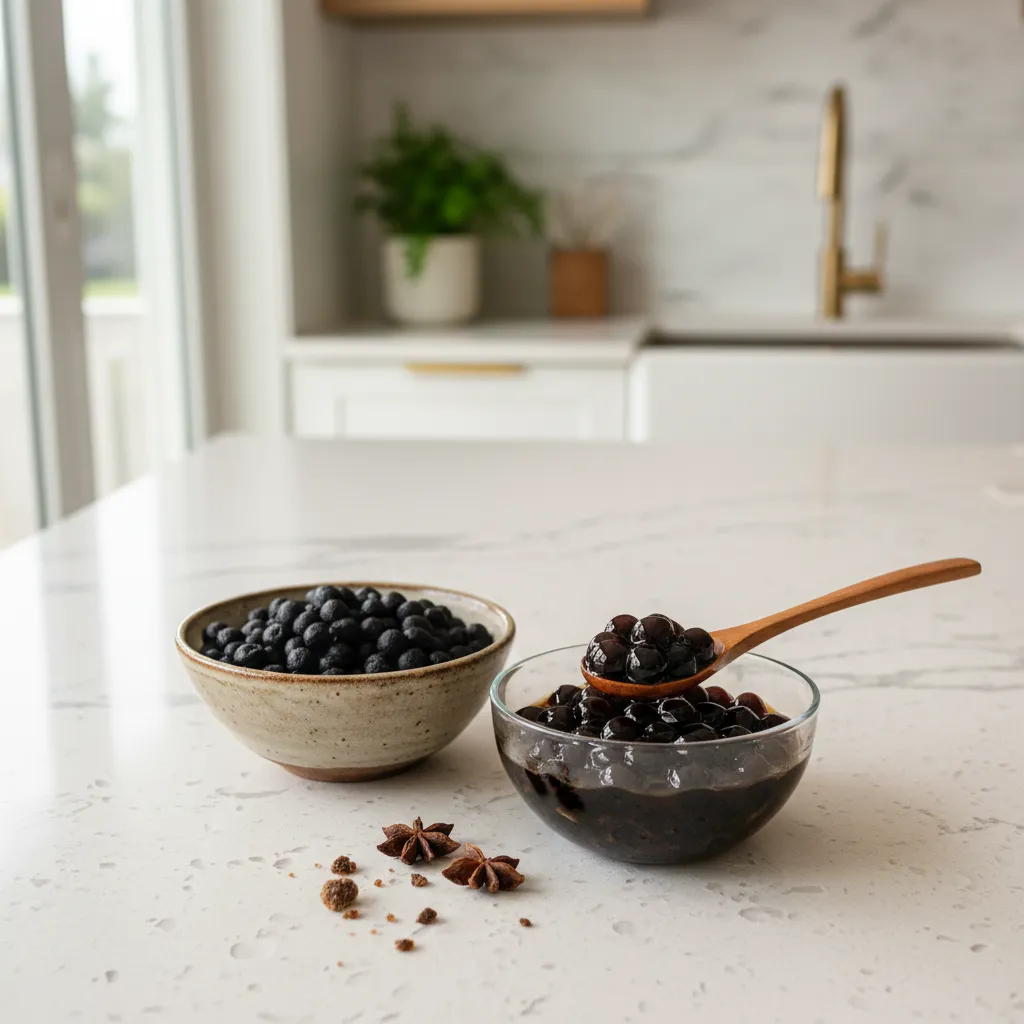 Bowls displaying raw and cooked tapioca pearls on a kitchen counter