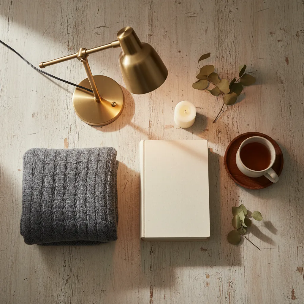 An overhead view of gift items for a cozy reading nook, including a blanket, lamp, book, and mug.
