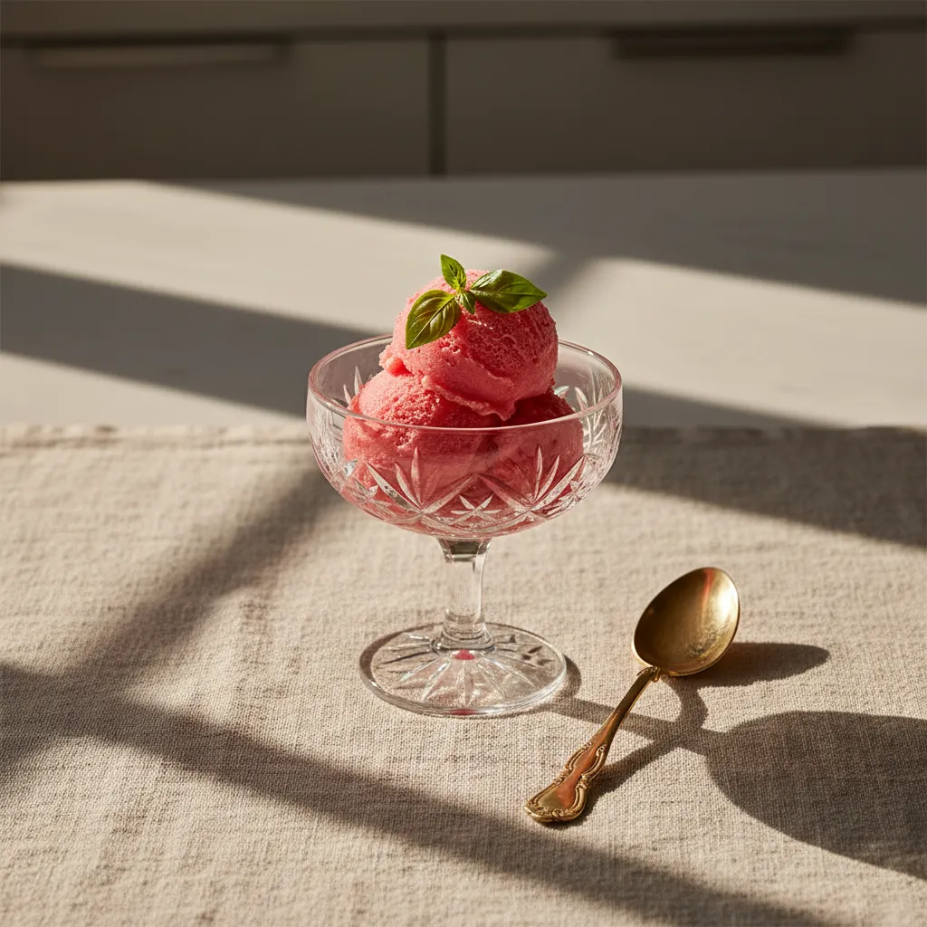 Pink grapefruit sorbet in vintage crystal glass styled with fresh basil and gold spoon