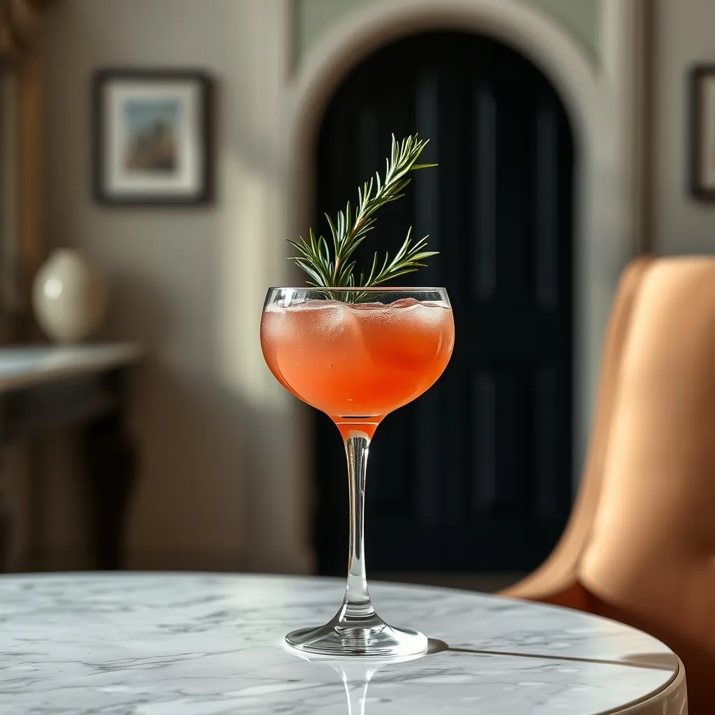 Pink grapefruit cocktail with rosemary garnish in a crystal glass