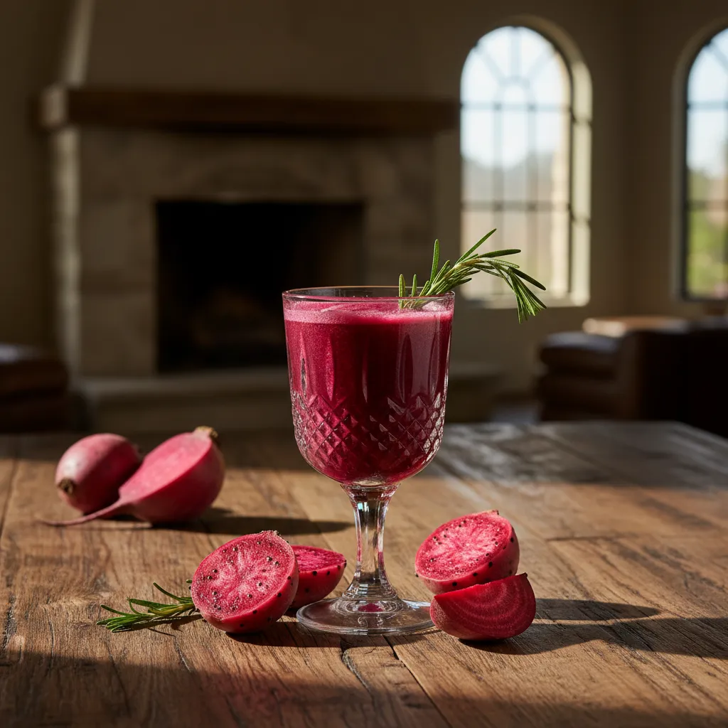 Deep magenta beet juice drink on rustic wood table