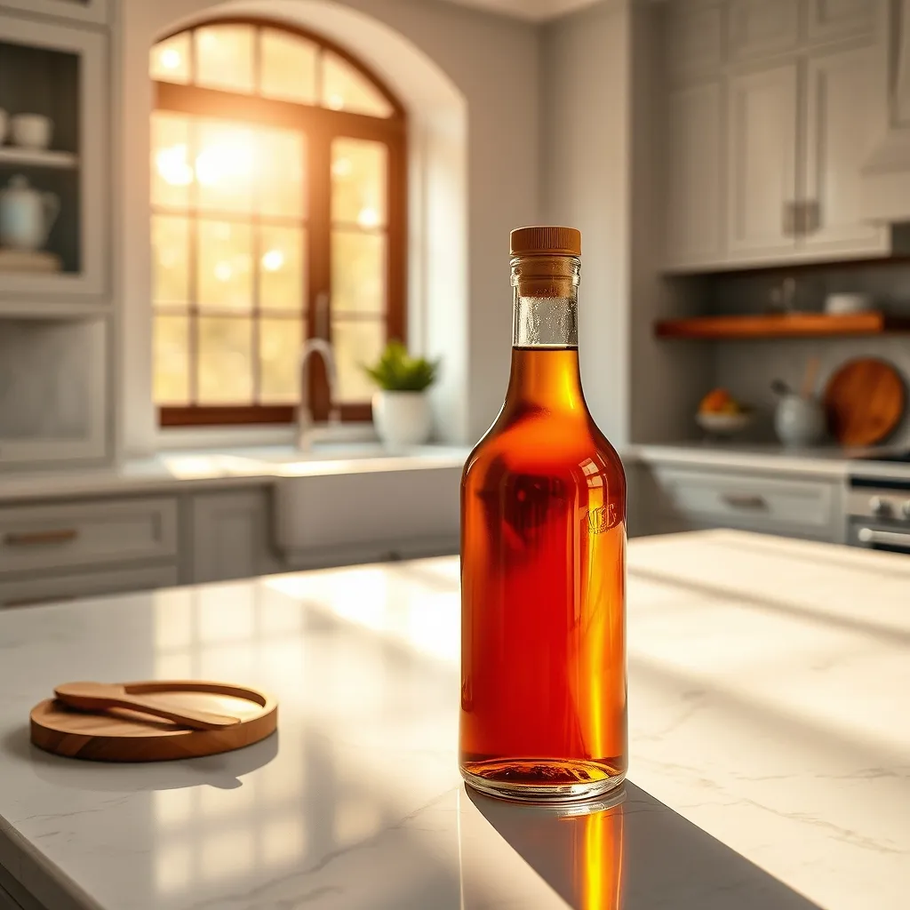 Homemade salted caramel syrup in a glass bottle on a marble countertop