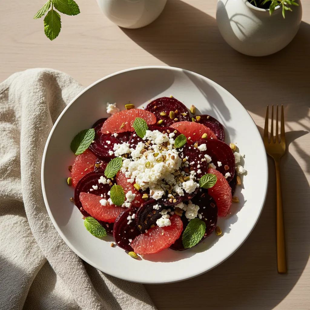 Overhead view of roasted beet and grapefruit salad on matte ceramic dinnerware