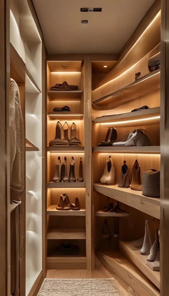 A wooden multi-tiered Lazy Susan installed in a closet corner to organize shoes and accessories efficiently.