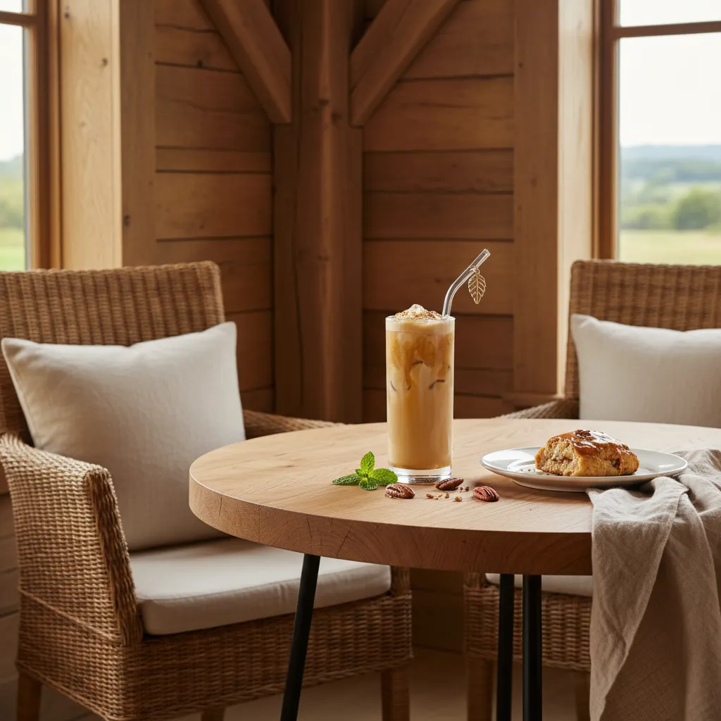 Butter pecan iced coffee in a rustic breakfast nook with oak textures