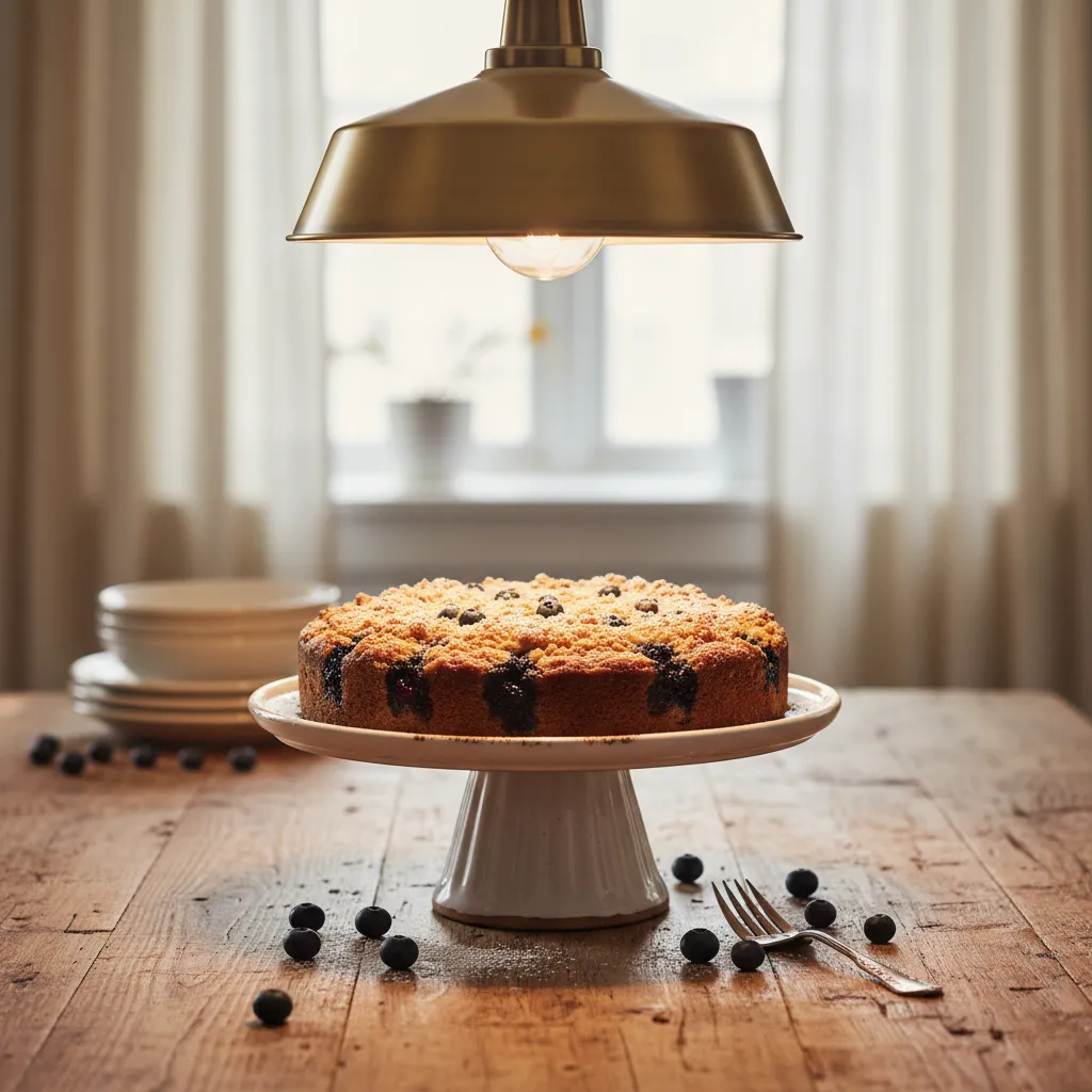 Blueberry coffee cake on a ceramic stand in a warm kitchen setting.