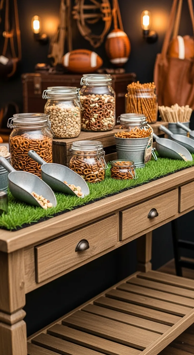 DIY trail mix station with galvanized metal bins and artificial turf runner