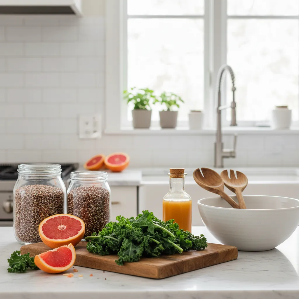 Fresh kale and grapefruit ingredients styled on a kitchen counter