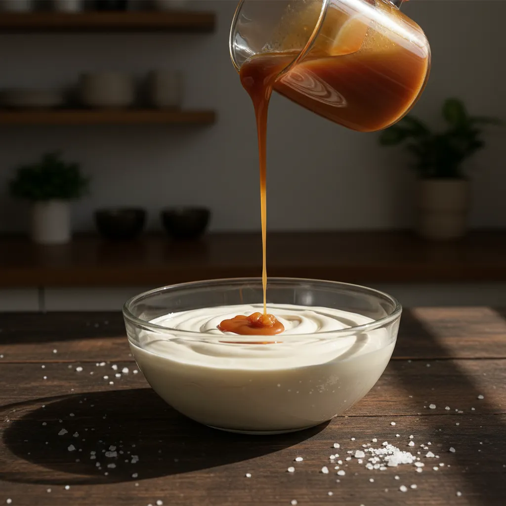 Amber caramel sauce swirling into white heavy cream with sea salt crystals nearby