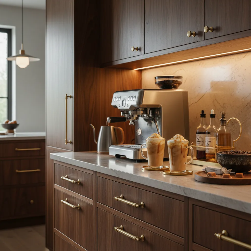 Dark walnut coffee station with caramel quartz countertops and brass accents