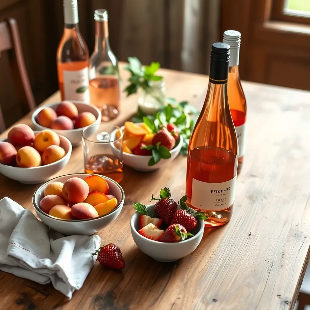 Fresh fruit and rosé wine bottles on a rustic wood table