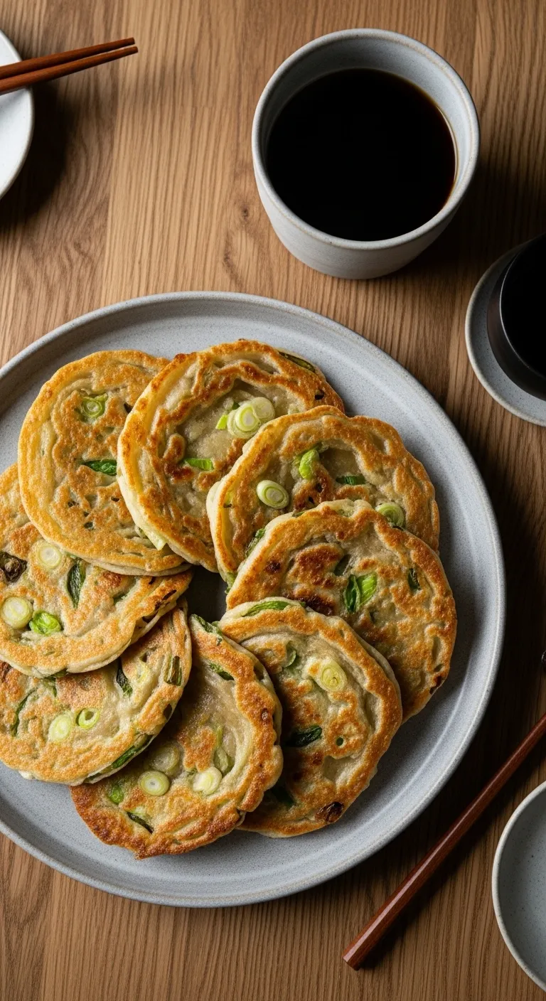 Golden sourdough scallion pancakes on a rustic ceramic plate