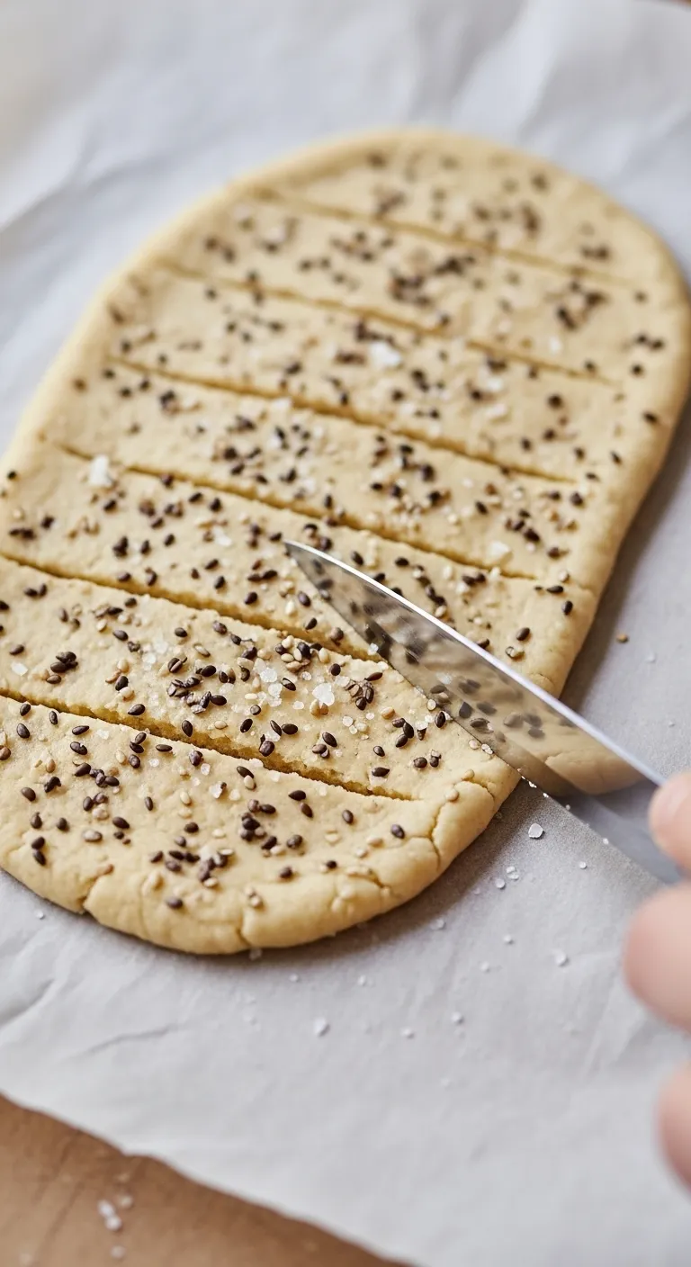 Unbaked sourdough cracker dough being scored on parchment paper