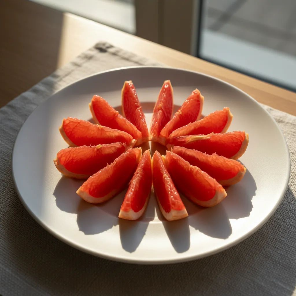 Ruby red grapefruit segments on white ceramic plate