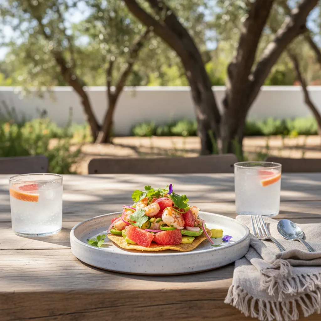 Styled shrimp and red grapefruit ceviche on a tostada served on a ceramic plate