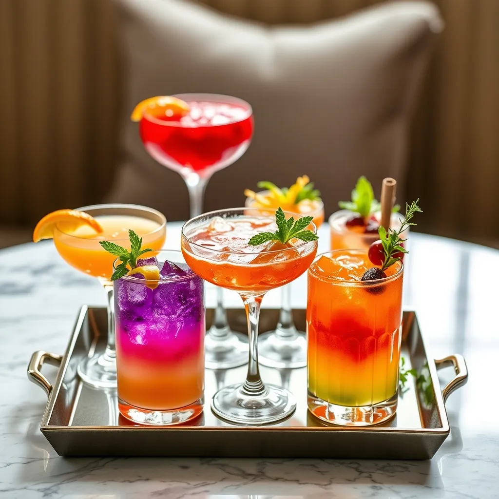 Vibrant wedding cocktails with fresh garnishes