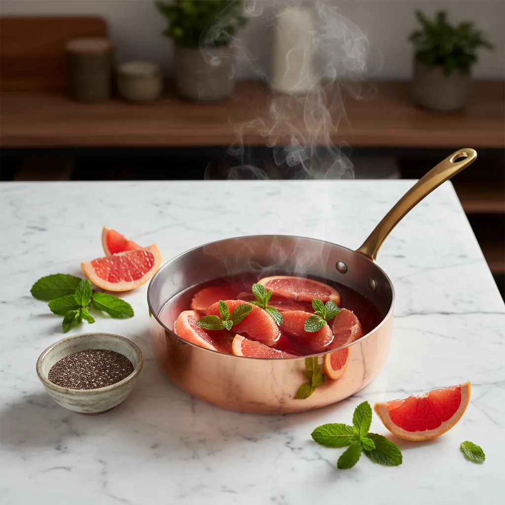 Red grapefruit segments simmering in a copper pot for compote