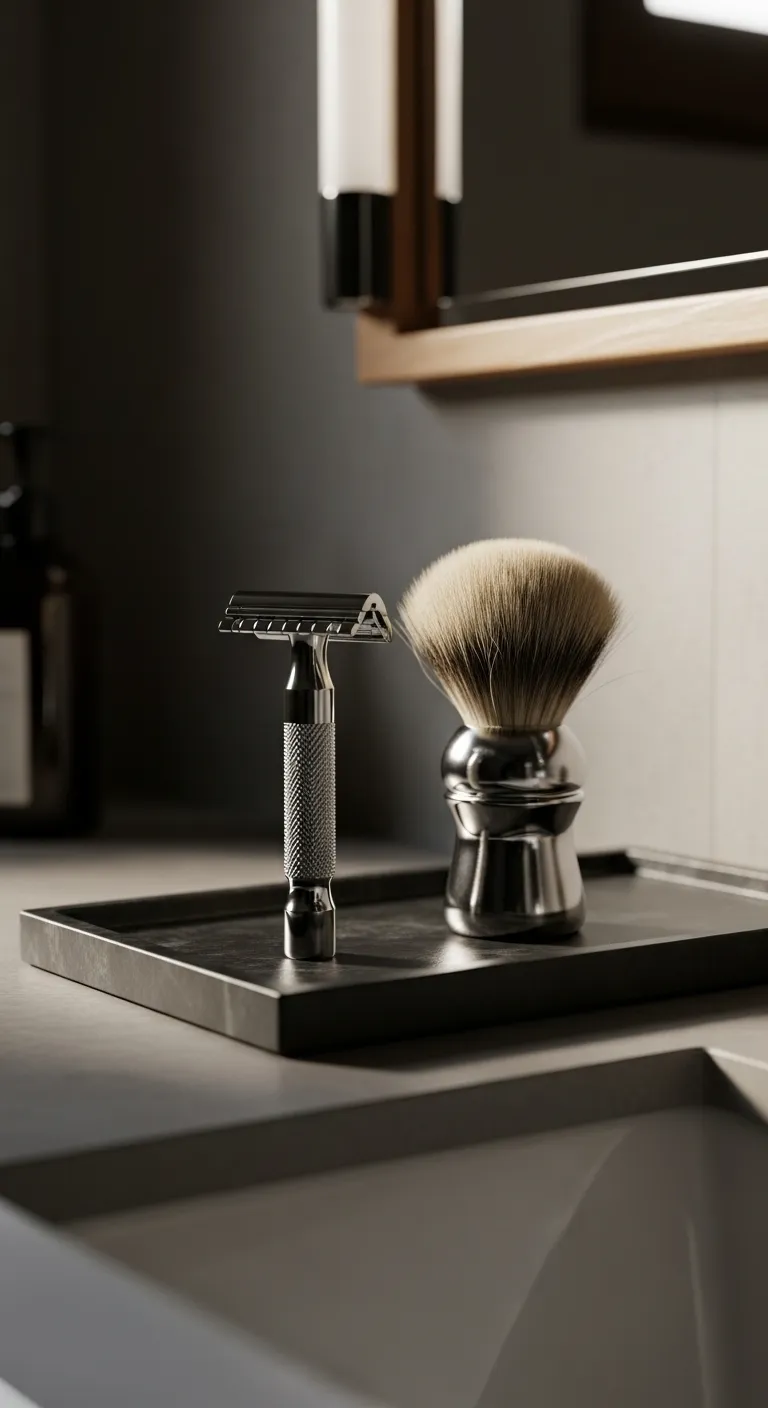 A chrome shaving set and brush displayed on a black slate tray in a modern bathroom.