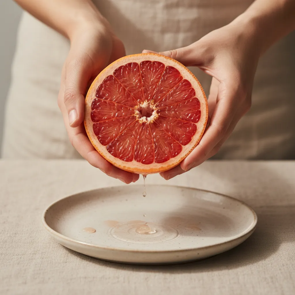 Hands holding a fresh sliced red grapefruit showing juicy texture over a ceramic plate