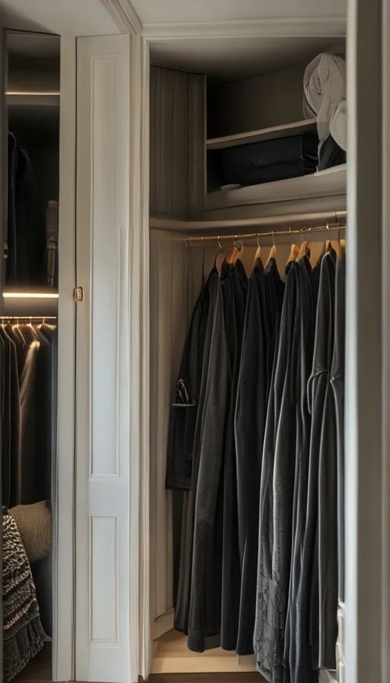 Organized closet featuring slim-line velvet hangers to maximize space