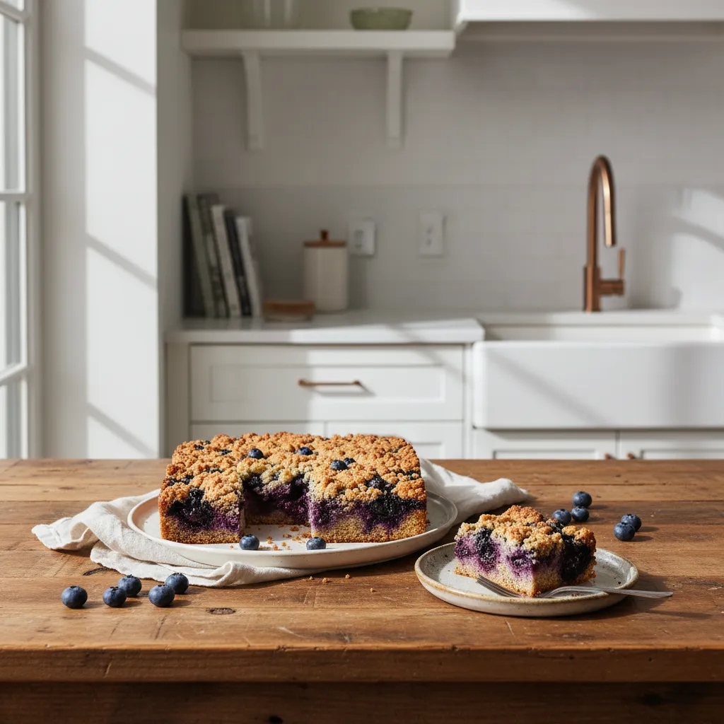 Small batch blueberry coffee cake in an 8-inch pan on a wood counter