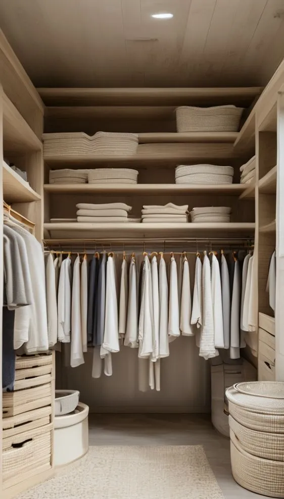 Minimalist closet with organized wood shelving and neutral textures