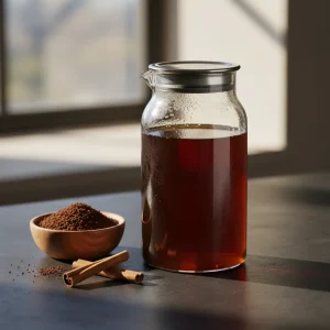 A glass carafe of smooth cold brew coffee next to coarse grounds and cinnamon sticks on a stone counter.