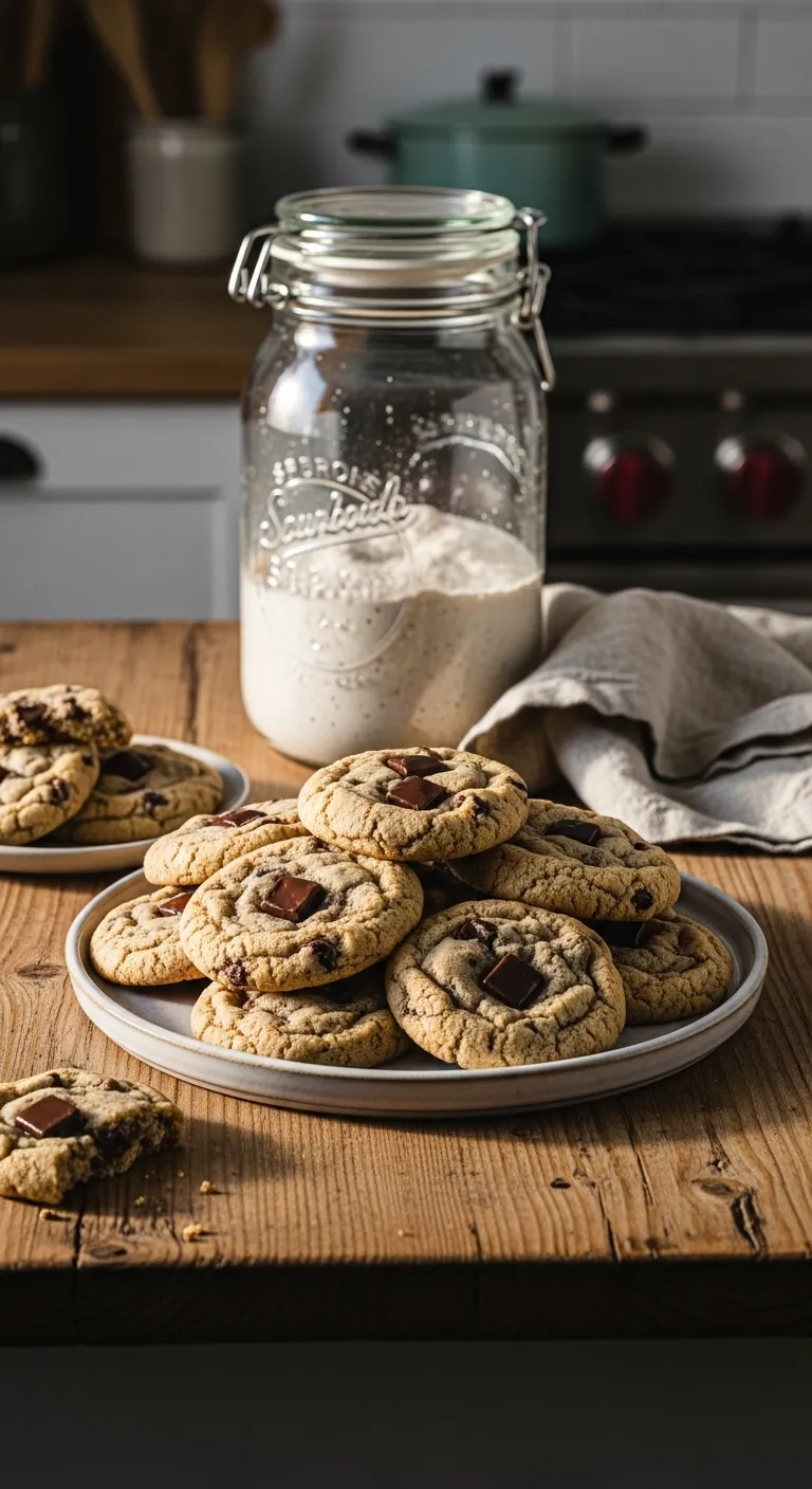 Soft chocolate chip cookies made with sourdough discard on a ceramic plate in a warm kitchen setting