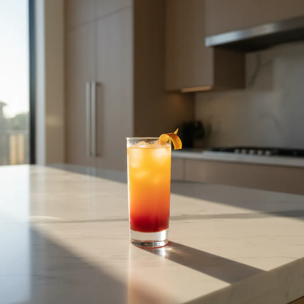 Sonic Sunrise orange and cherry drink gradient in a crystal glass on a sunlit kitchen island