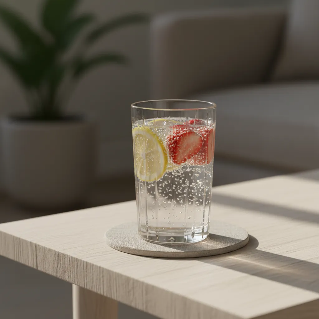 Sparkling lemonberry water in fluted glass on modern side table