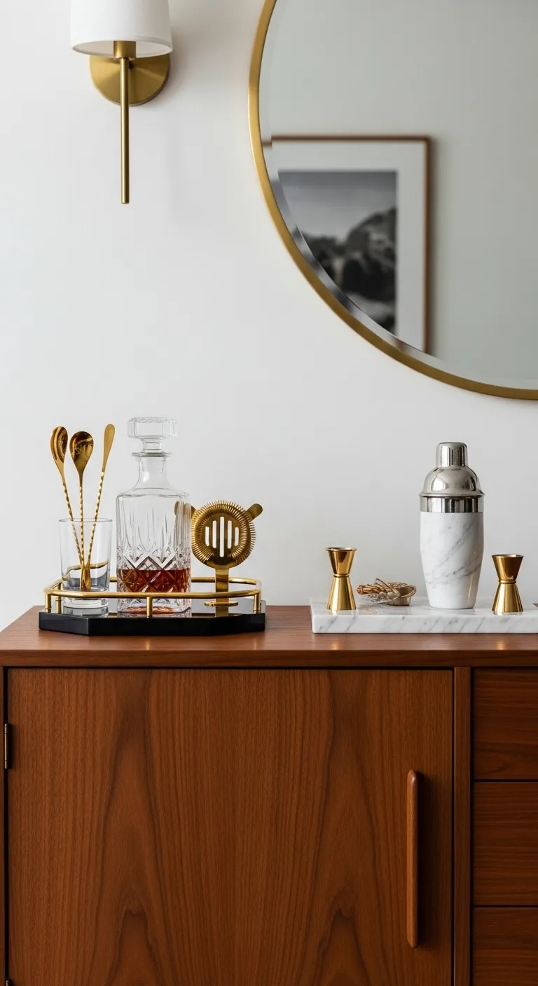 Modern home bar with crystal glassware and gold tools on a wooden sideboard