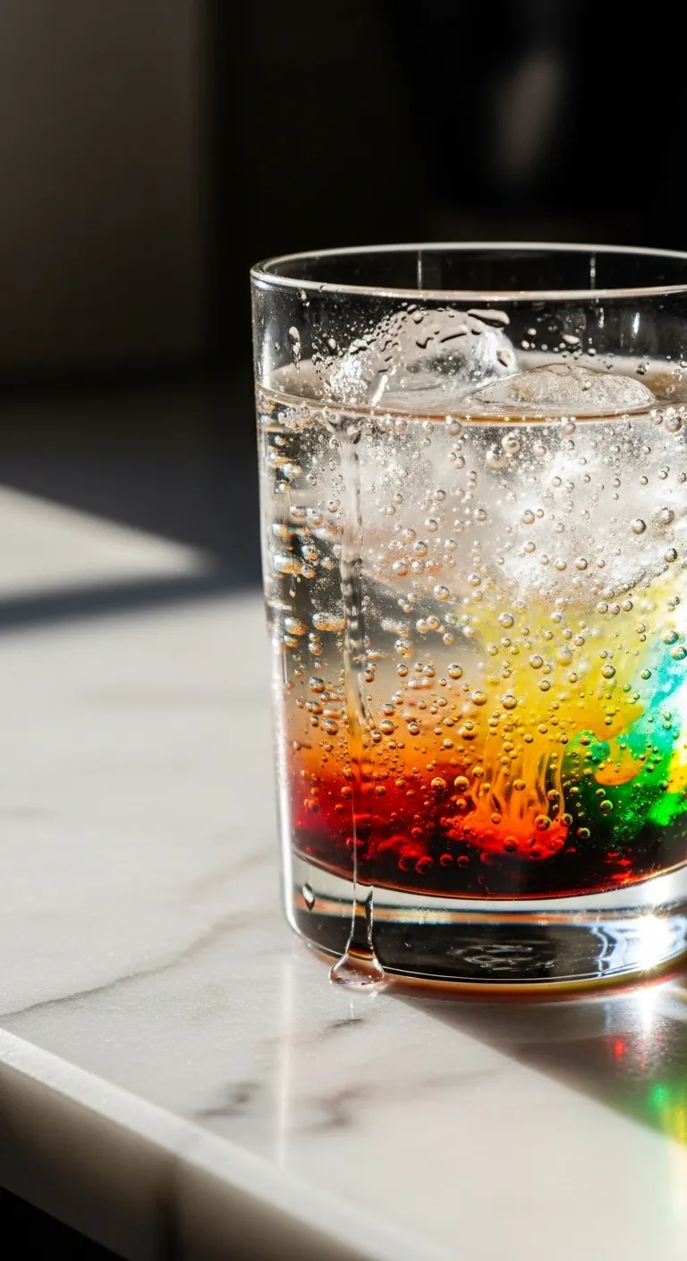 Close up of carbonated drink with colorful syrup layers on marble counter