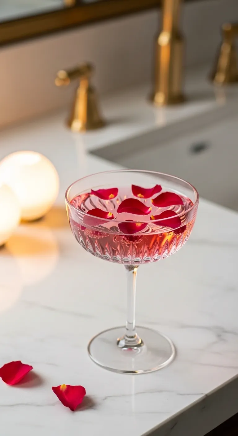 Crystal coupe glass with pink raspberry rose mocktail and floating edible petals on a marble surface