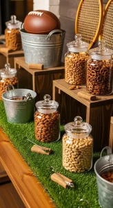Galvanized metal buckets holding trail mix ingredients on an artificial turf runner for Sports Teacher Appreciation Week.
